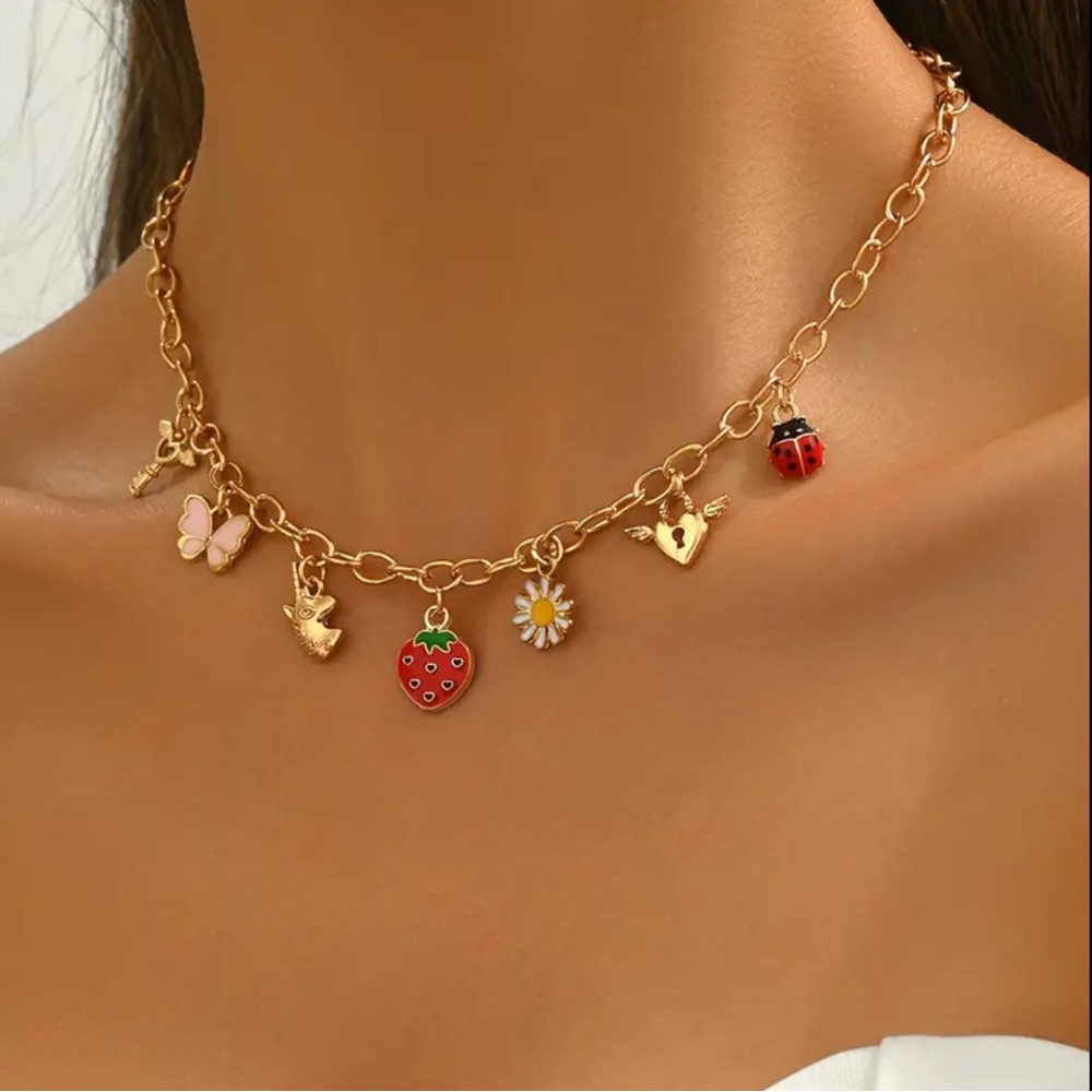 NEW Bohemian Summer Lady Bug Butterfly Gold Charm Necklace with Colorful Accents